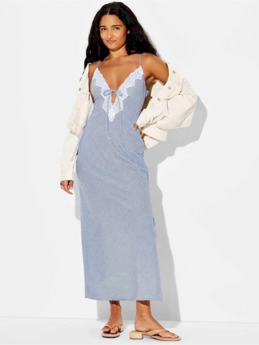 Wild Fable Stripe Tie Front Maxi Dress Blue & White New S、M